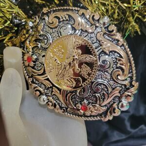 Centenario Cowboy Belt Buckle Western Hebilla Rodeo Silver Rosetone Coin Oval